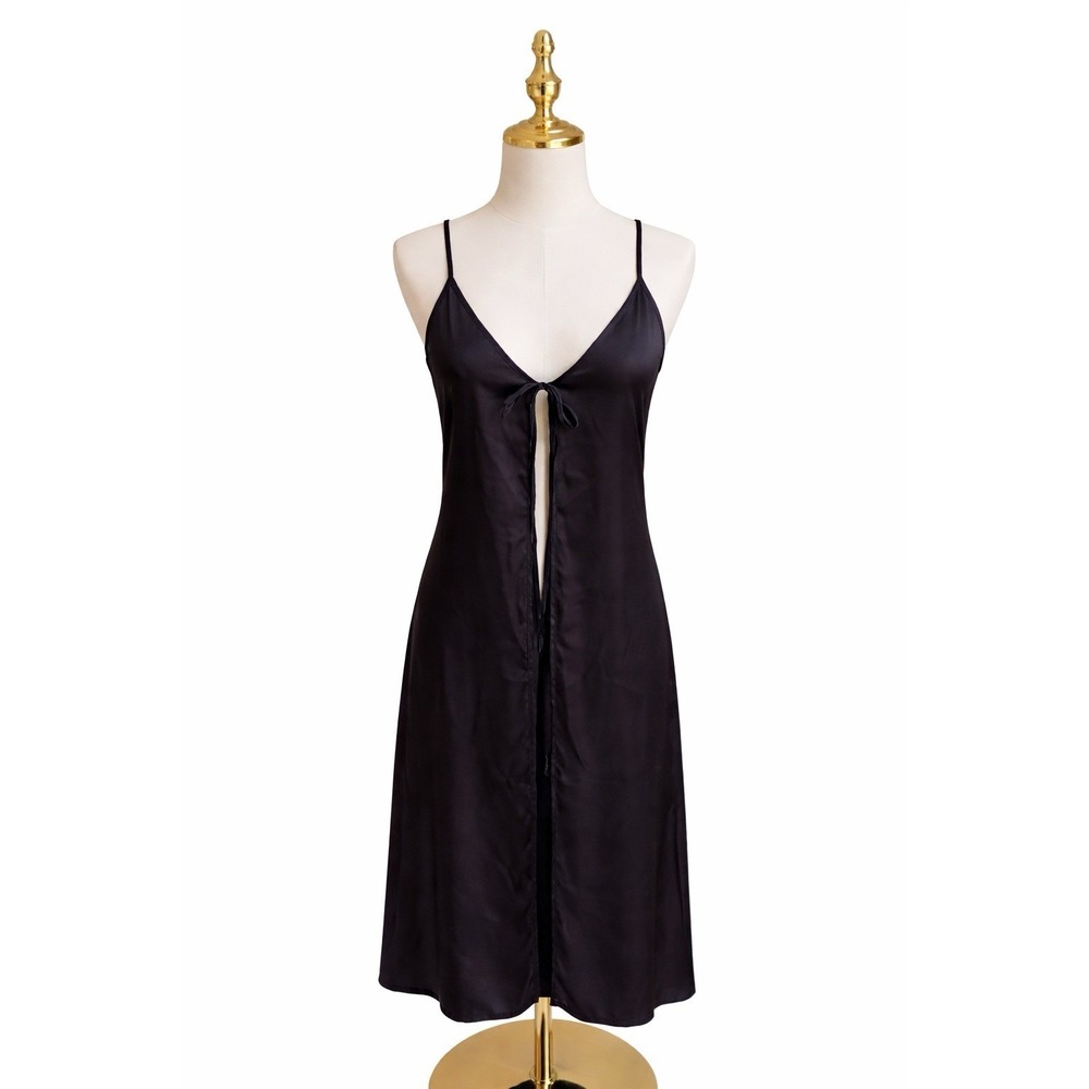 Forever‎ 21 Black Chemise V-Neck Small Satin Slip Tie Front 90s Chic Silky